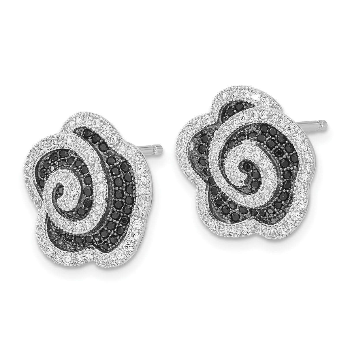Sterling Silver Stud Earrings with Cubic Zirconia, Black and White Swirl Floral Design