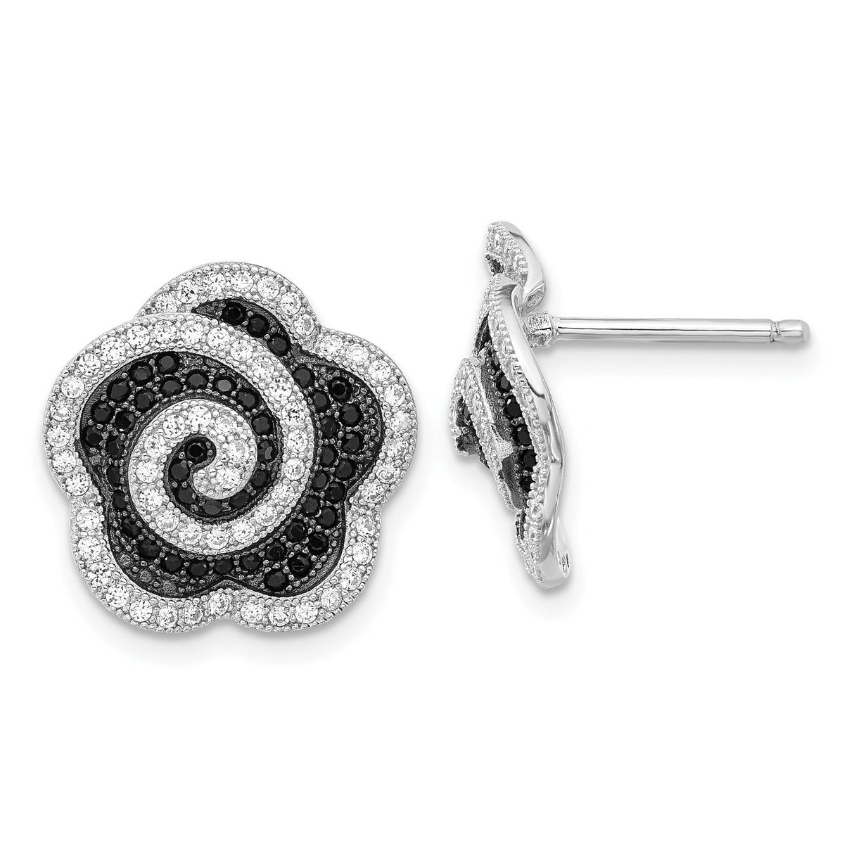 Sterling Silver Stud Earrings with Cubic Zirconia, Black and White Swirl Floral Design