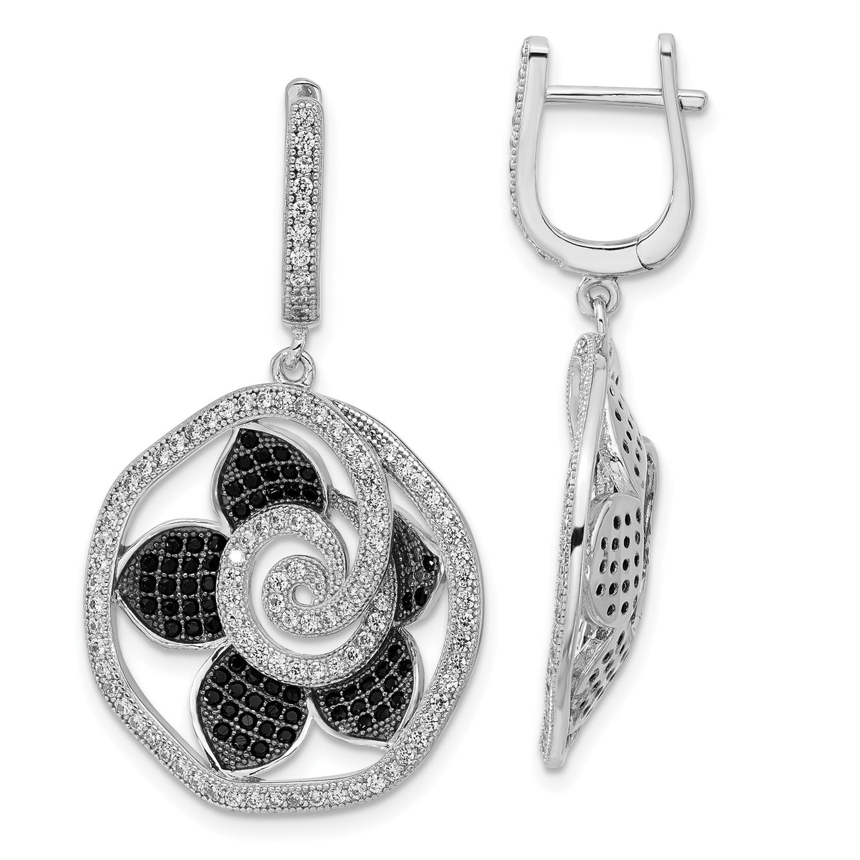 Sterling Silver Dangle Earrings with Cubic Zirconia, Swirl Flower Design for Women