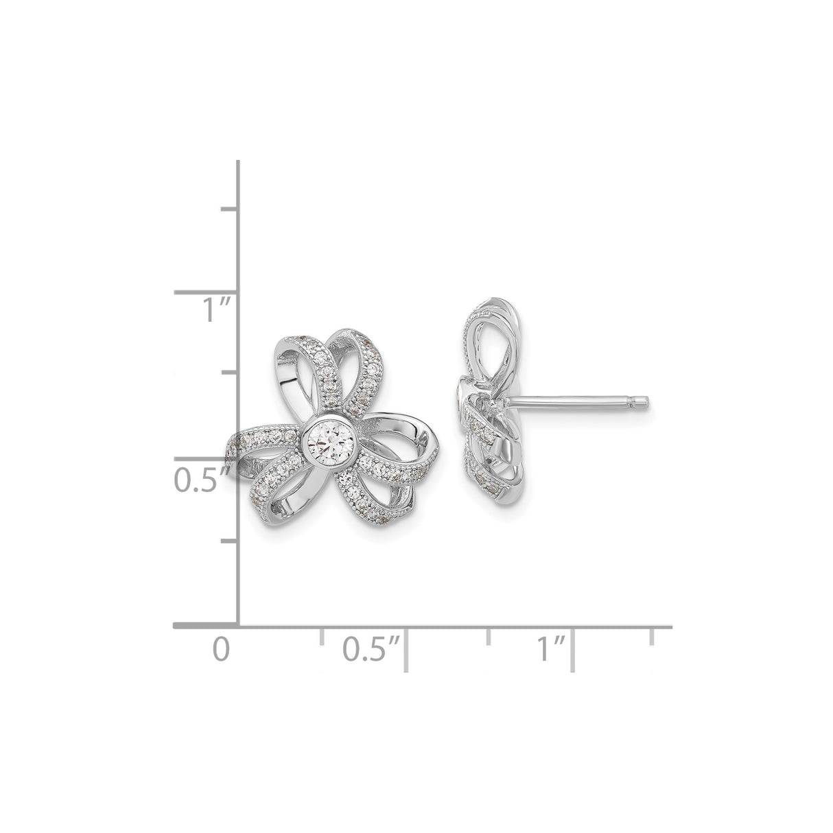 Sterling Silver Flower Stud Earrings with Cubic Zirconia and Looped Petal Design