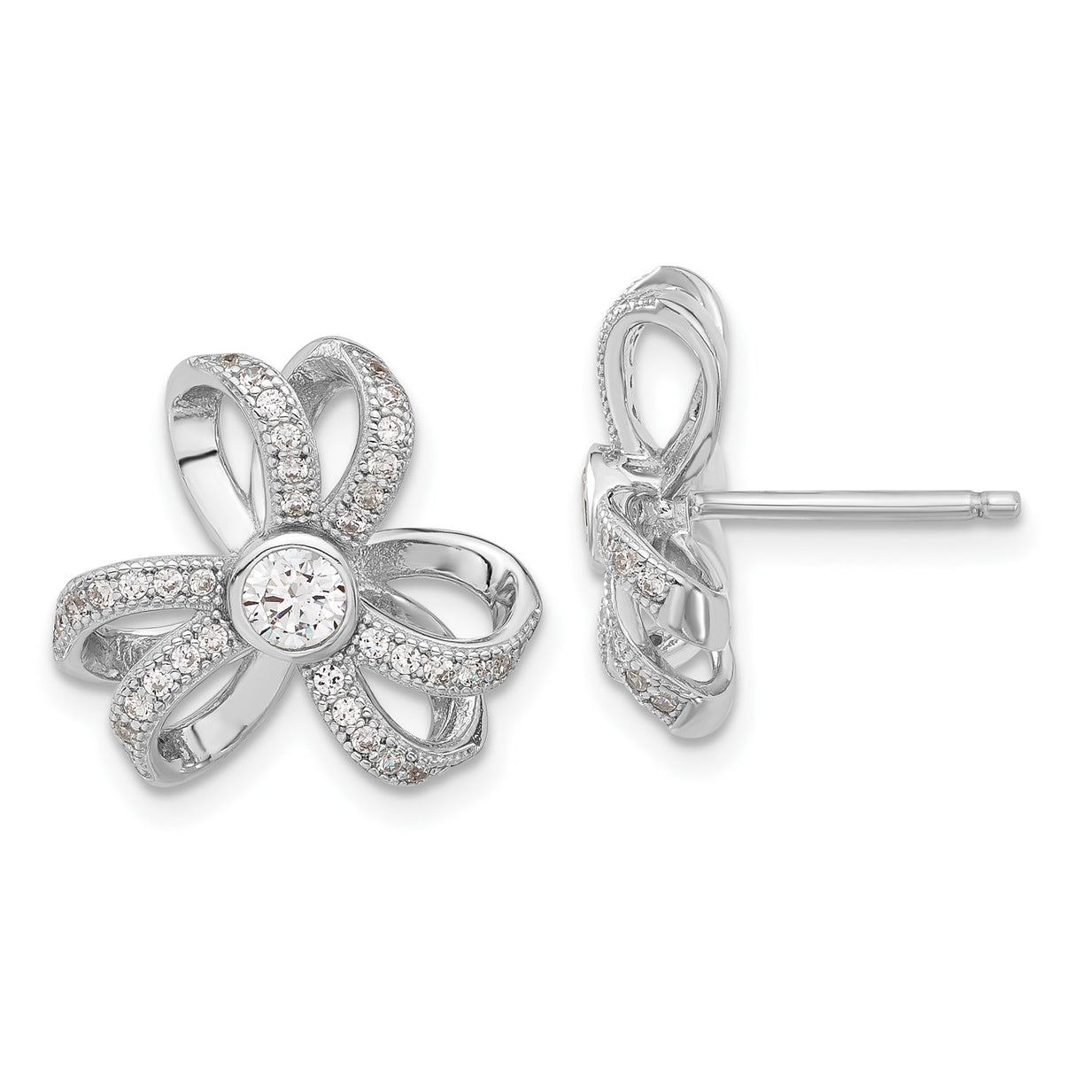 Sterling Silver Flower Stud Earrings with Cubic Zirconia and Looped Petal Design