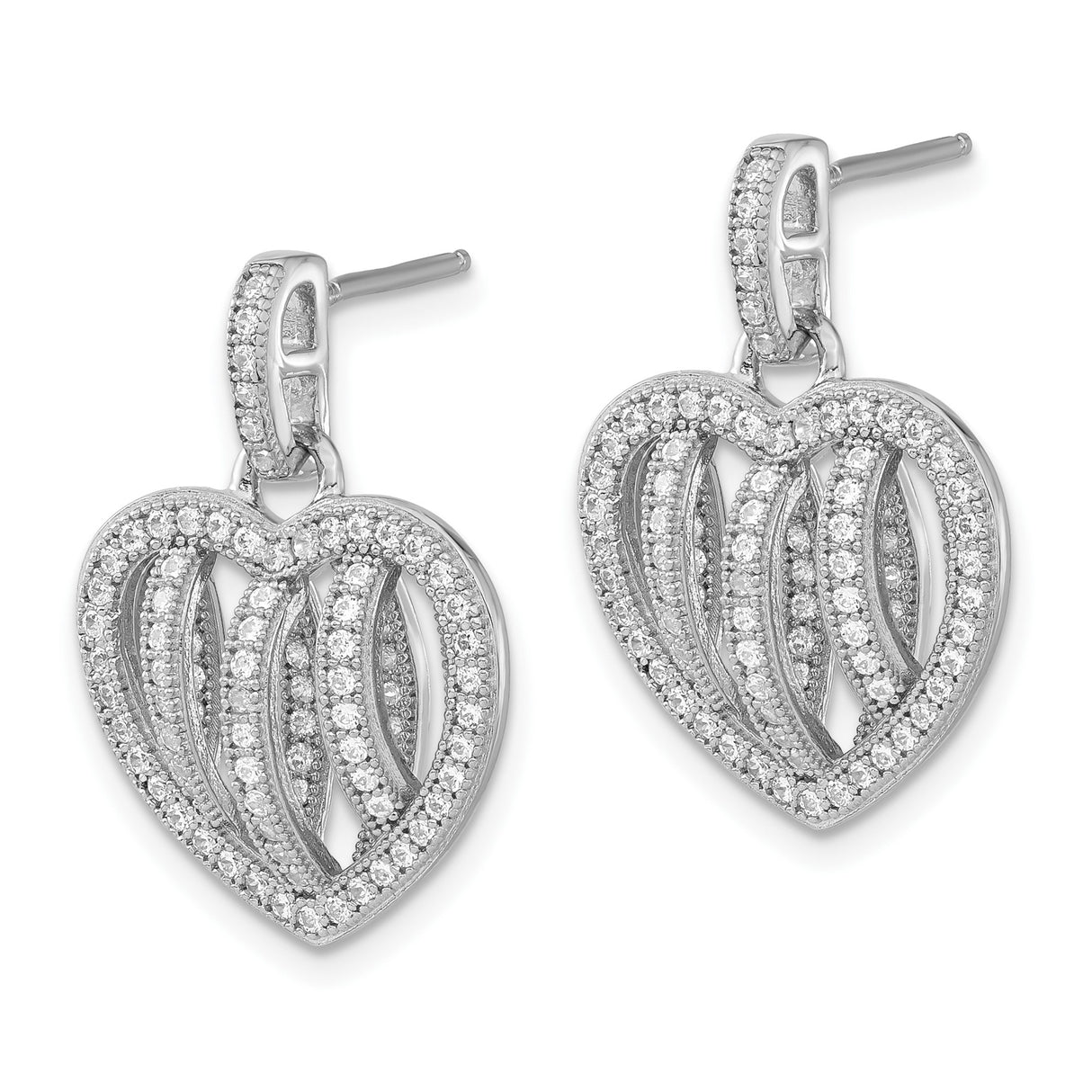Sterling Silver Heart Shaped Stud Earrings with Cubic Zirconia Pavé Striped Design