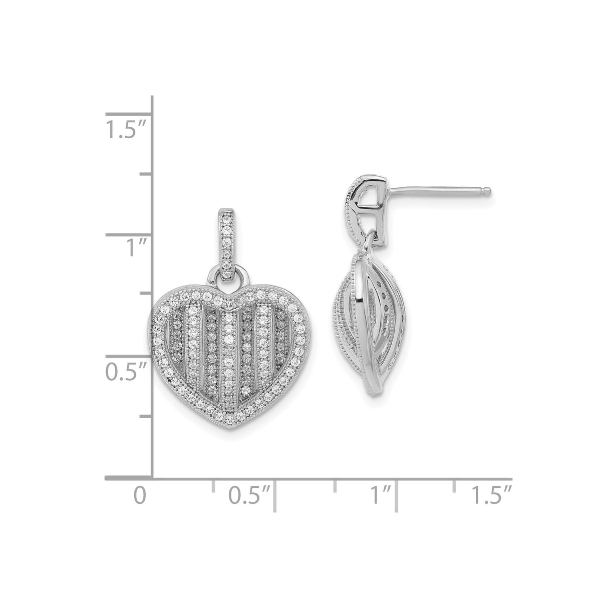 Sterling Silver Heart Shaped Stud Earrings with Cubic Zirconia Pavé Striped Design