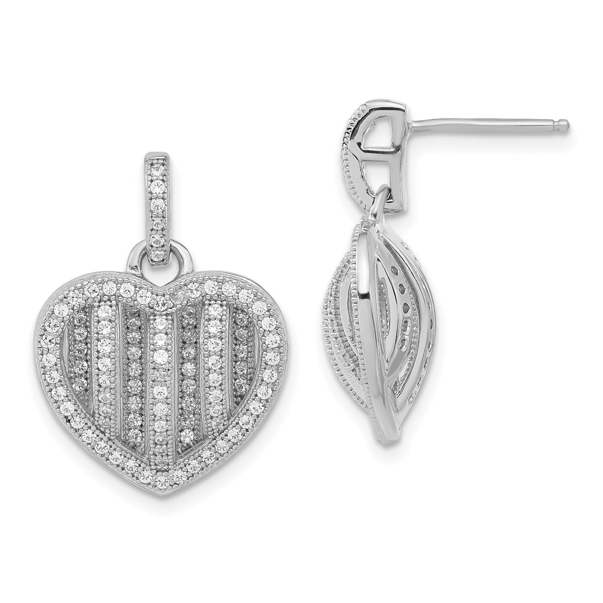 Sterling Silver Heart Shaped Stud Earrings with Cubic Zirconia Pavé Striped Design