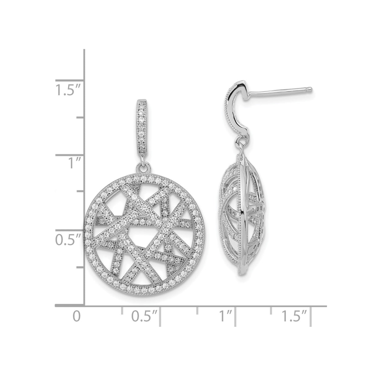 Sterling Silver Dangle Earrings with Cubic Zirconia, Crisscross Openwork Disc Design