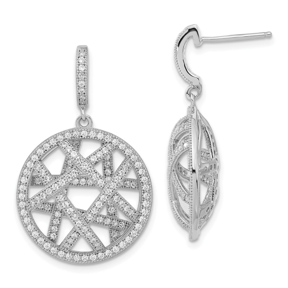 Sterling Silver Dangle Earrings with Cubic Zirconia, Crisscross Openwork Disc Design