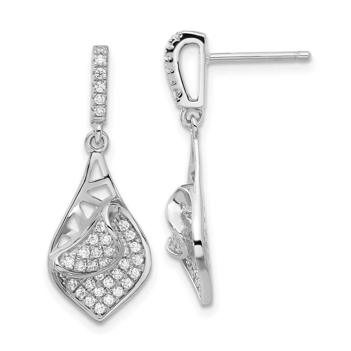 Sterling Silver Dangle Earrings with Cubic Zirconia, Abstract Leaf Drop Design, Modern Style