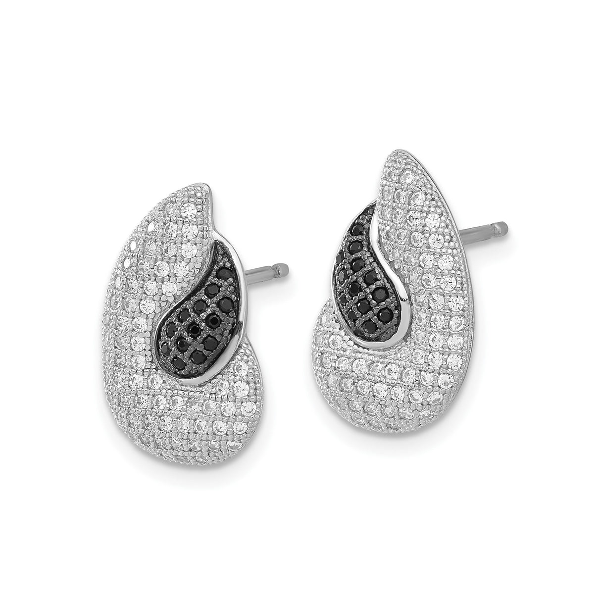 Sterling Silver Teardrop Swirl Earrings with Black and White Cubic Zirconia, Modern Design
