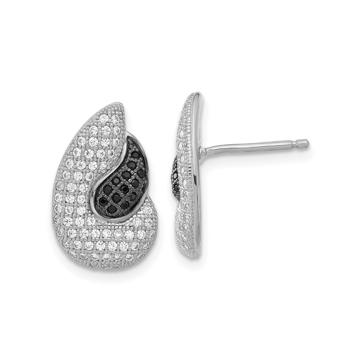 Sterling Silver Teardrop Swirl Earrings with Black and White Cubic Zirconia, Modern Design