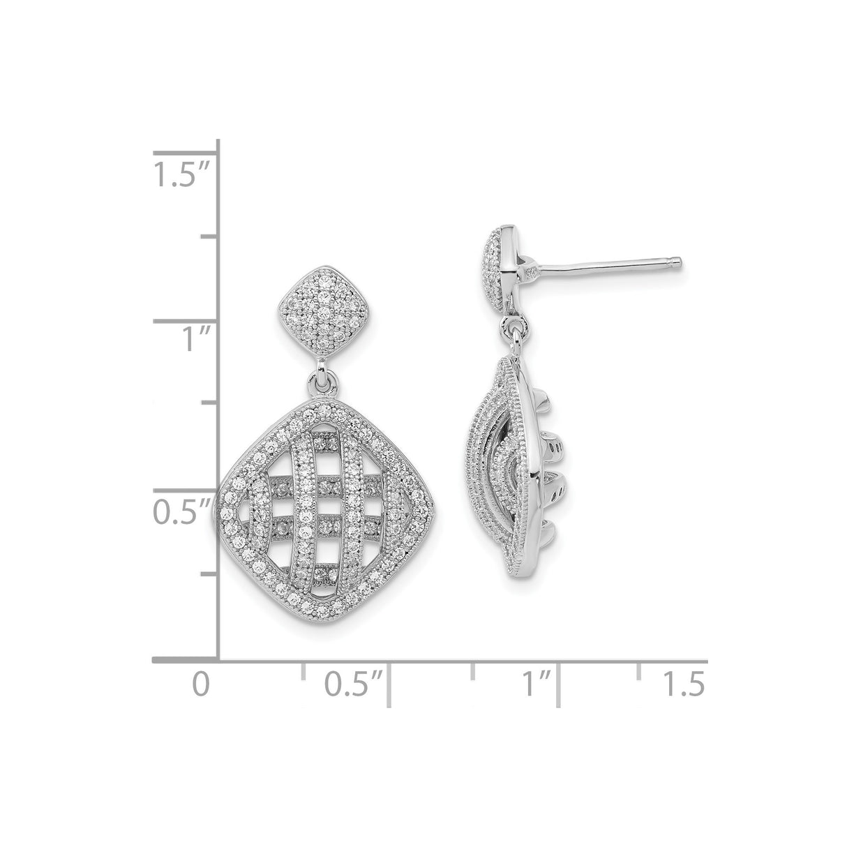 Sterling Silver Dangle Earrings with Cushion Drop, Open Lattice Design, Cubic Zirconia