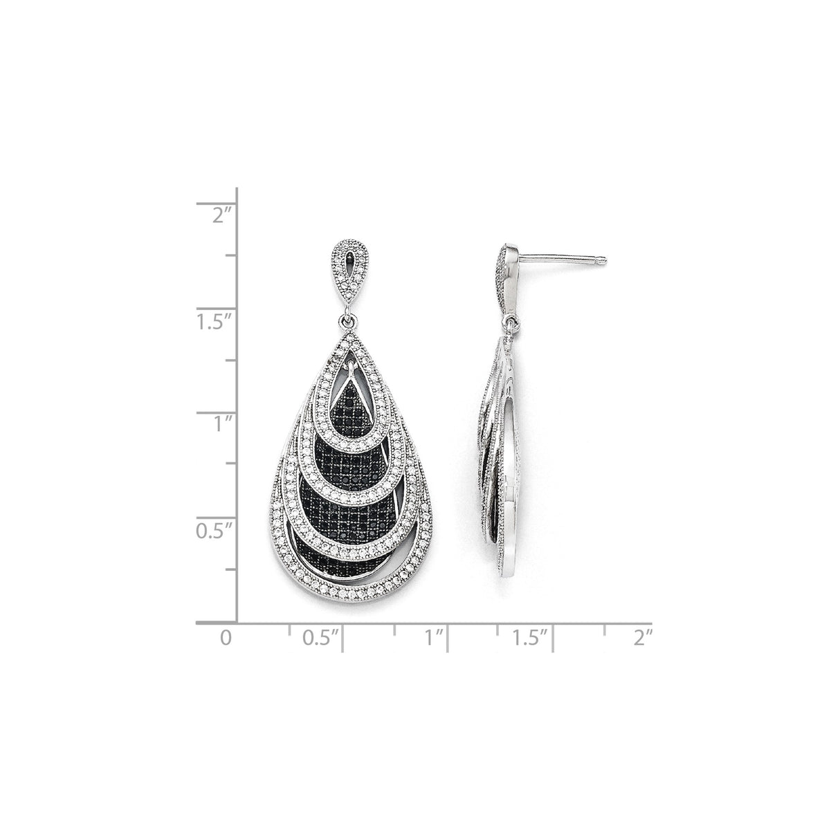 Sterling Silver Teardrop Dangle Earrings with Black and White Cubic Zirconia, Openwork Oval Design