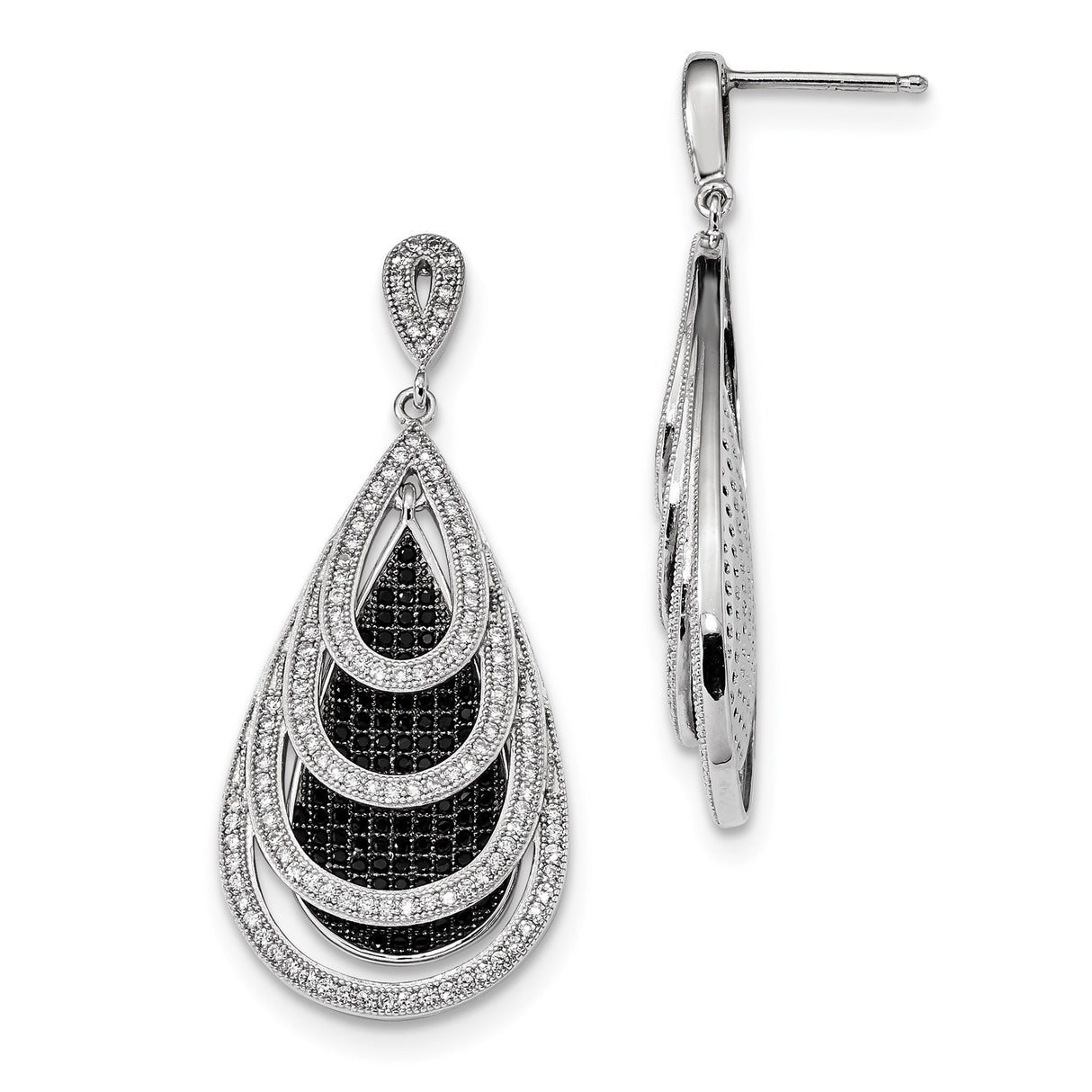 Sterling Silver Teardrop Dangle Earrings with Black and White Cubic Zirconia, Openwork Oval Design