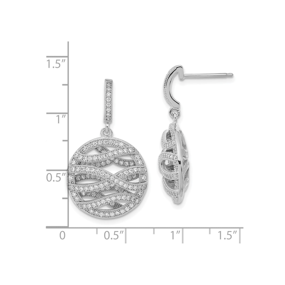 Sterling Silver Dangle Earrings with Cubic Zirconia, Swirl Motif and Wave Filigree Design