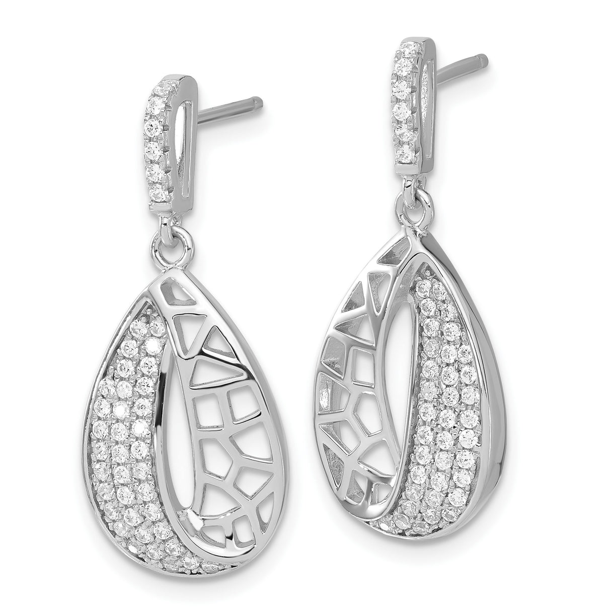 Sterling Silver Teardrop Dangle Earrings with Cubic Zirconia and Geometric Cutout Design