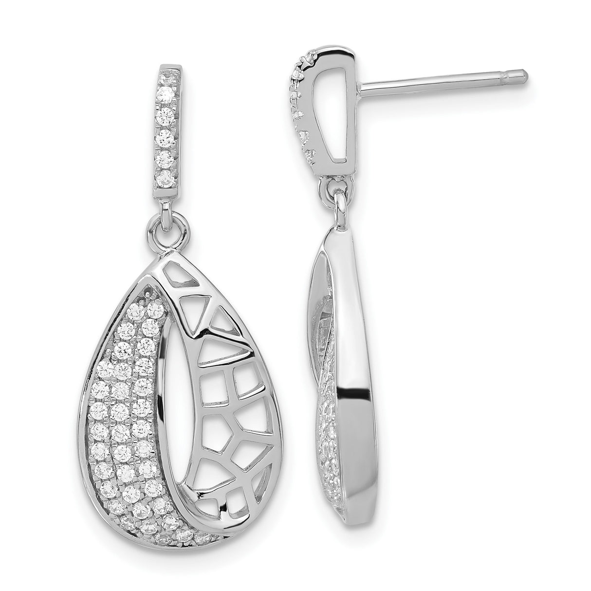 Sterling Silver Teardrop Dangle Earrings with Cubic Zirconia and Geometric Cutout Design