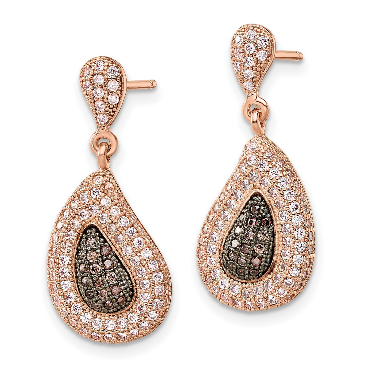 Sterling Silver Teardrop Dangle Earrings with Clear and Black Cubic Zirconia, Rose Gold Plated