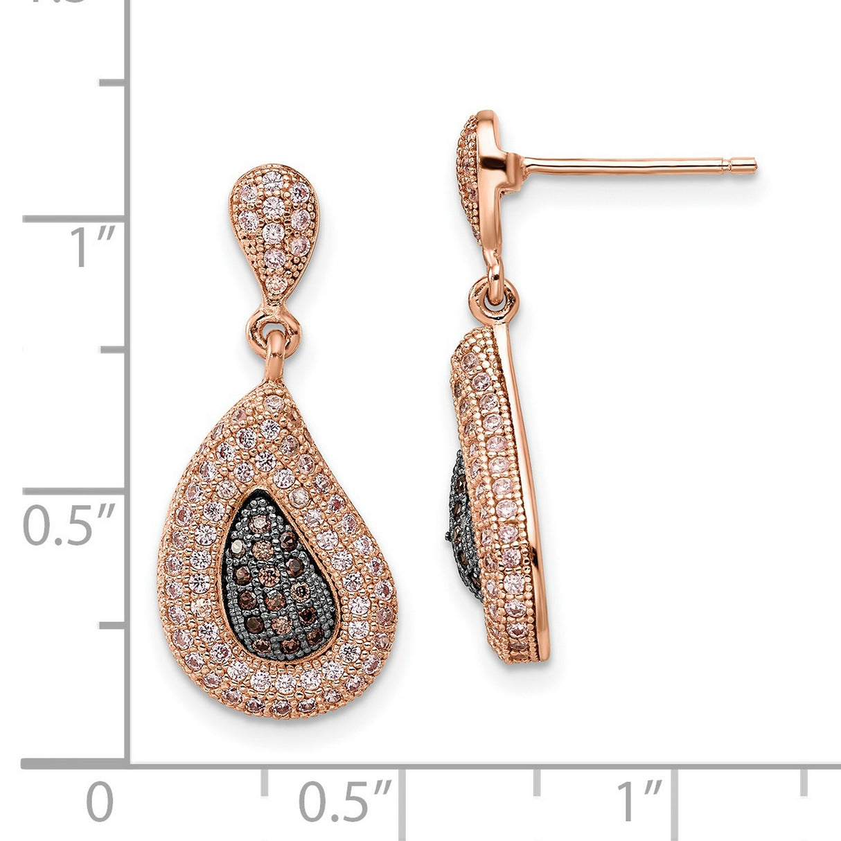 Sterling Silver Teardrop Dangle Earrings with Clear and Black Cubic Zirconia, Rose Gold Plated