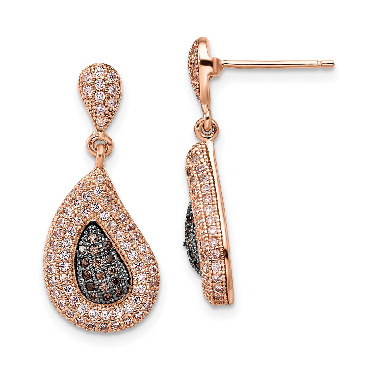 Sterling Silver Teardrop Dangle Earrings with Clear and Black Cubic Zirconia, Rose Gold Plated