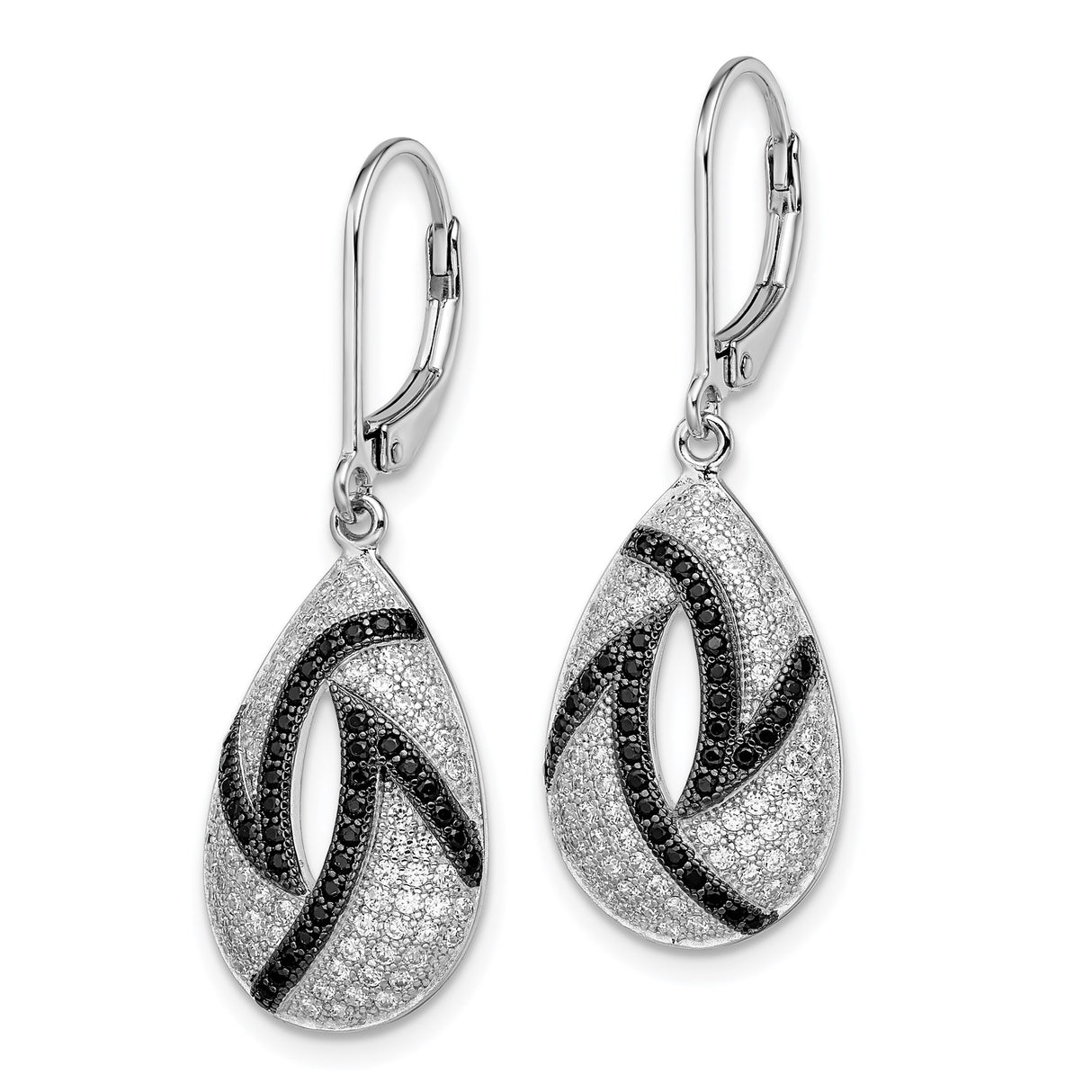 Sterling Silver Teardrop Dangle Earrings with Black and White Cubic Zirconia Swirl Pattern