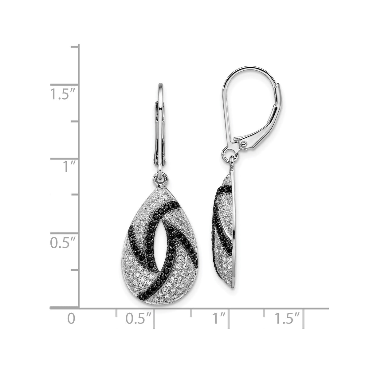 Sterling Silver Teardrop Dangle Earrings with Black and White Cubic Zirconia Swirl Pattern