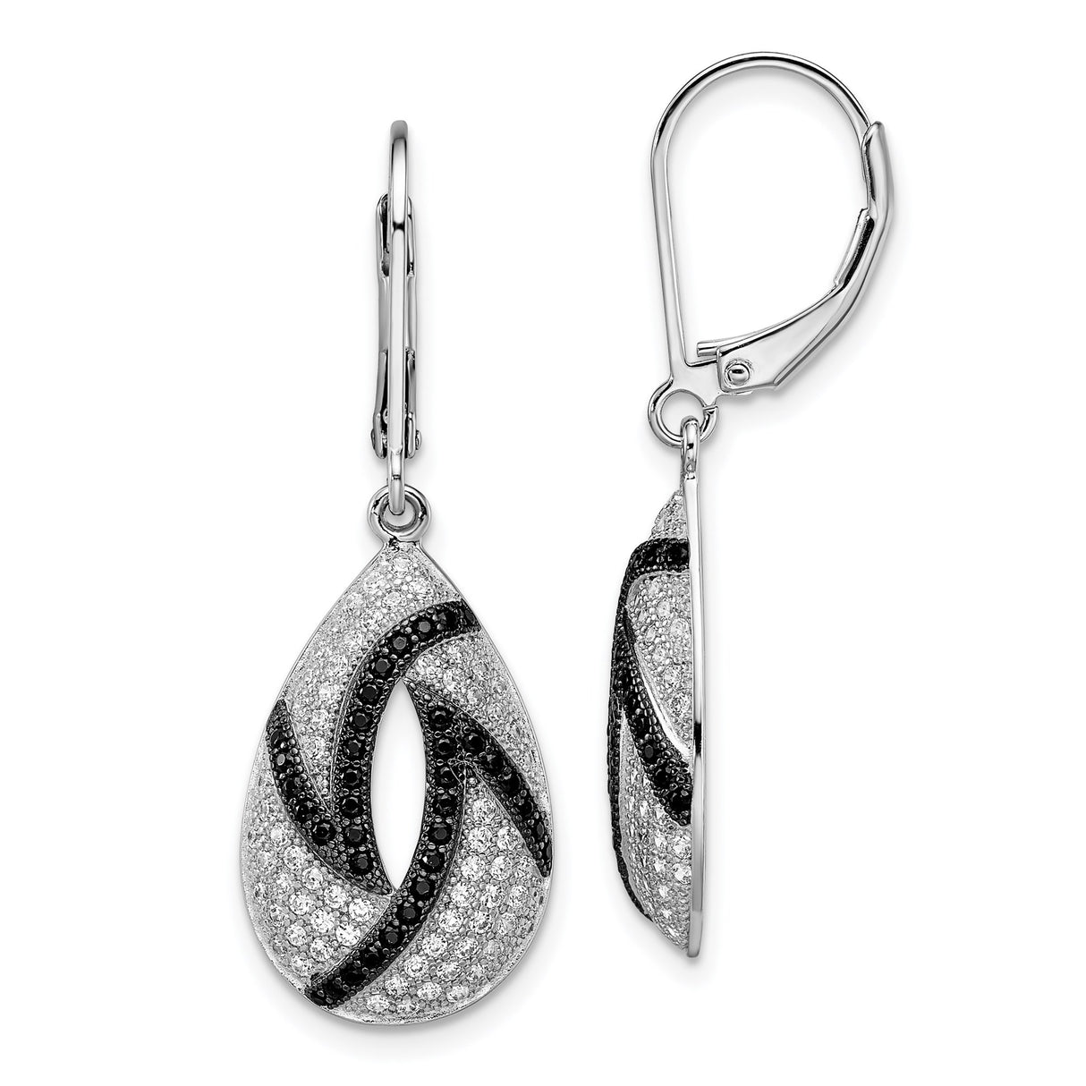 Sterling Silver Teardrop Dangle Earrings with Black and White Cubic Zirconia Swirl Pattern