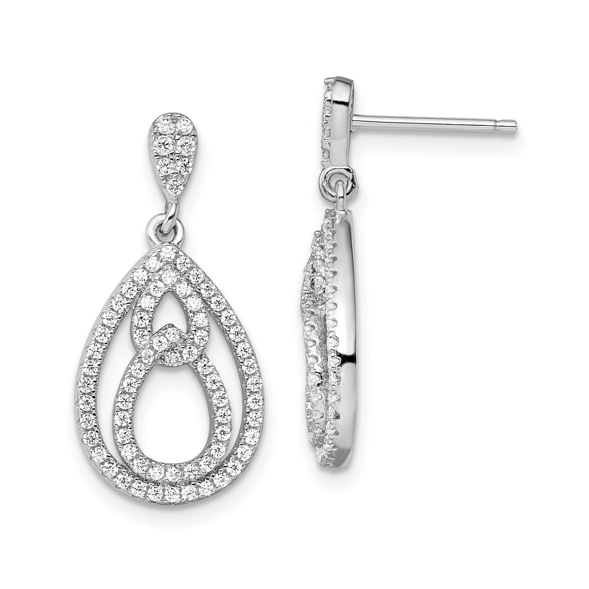Sterling Silver Teardrop Dangle Earrings with Cubic Zirconia and Double Open Loop Design