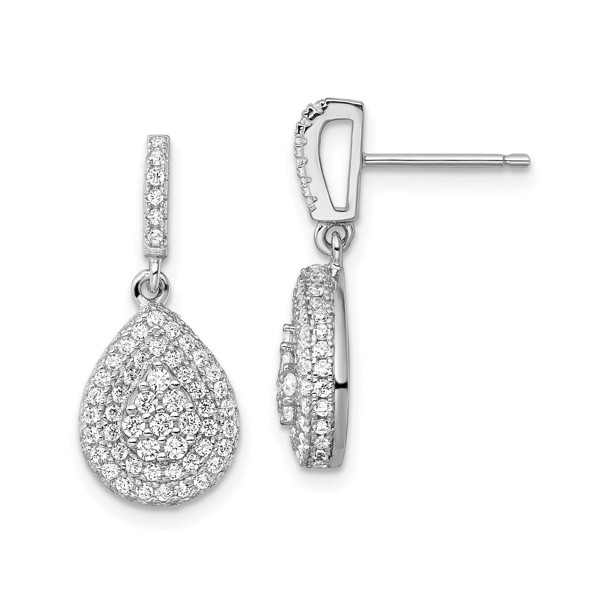 Sterling Silver Teardrop Dangle Earrings with Pavé Cubic Zirconia in Halo Design
