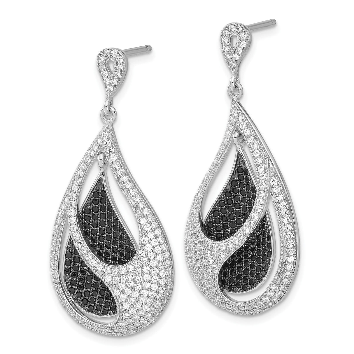 Sterling Silver Teardrop Dangle Earrings with Black and White Cubic Zirconia, Swirl Design
