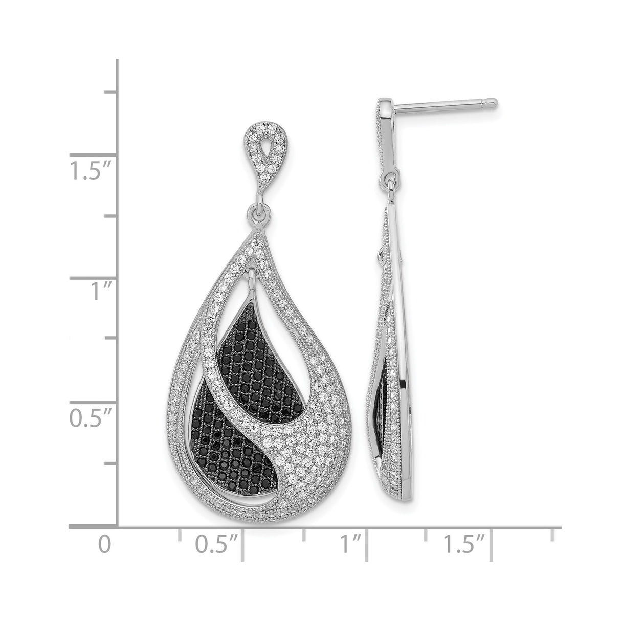 Sterling Silver Teardrop Dangle Earrings with Black and White Cubic Zirconia, Swirl Design