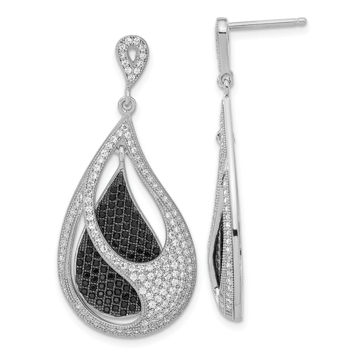 Sterling Silver Teardrop Dangle Earrings with Black and White Cubic Zirconia, Swirl Design