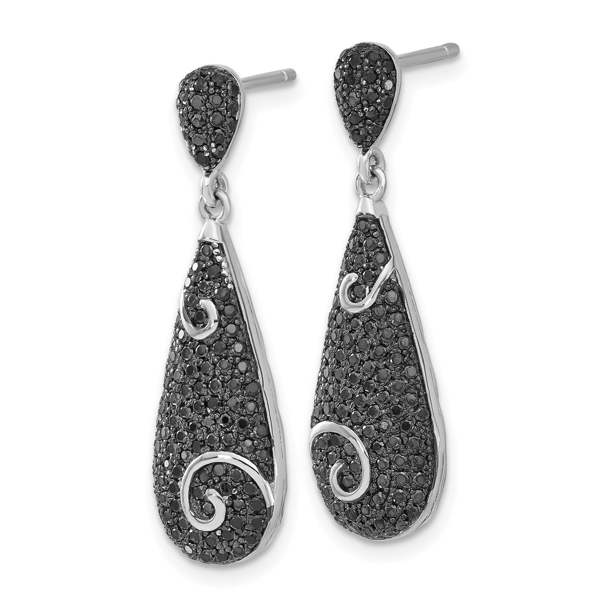 Sterling Silver Teardrop Dangle Earrings with Black Cubic Zirconia and Swirl Detail