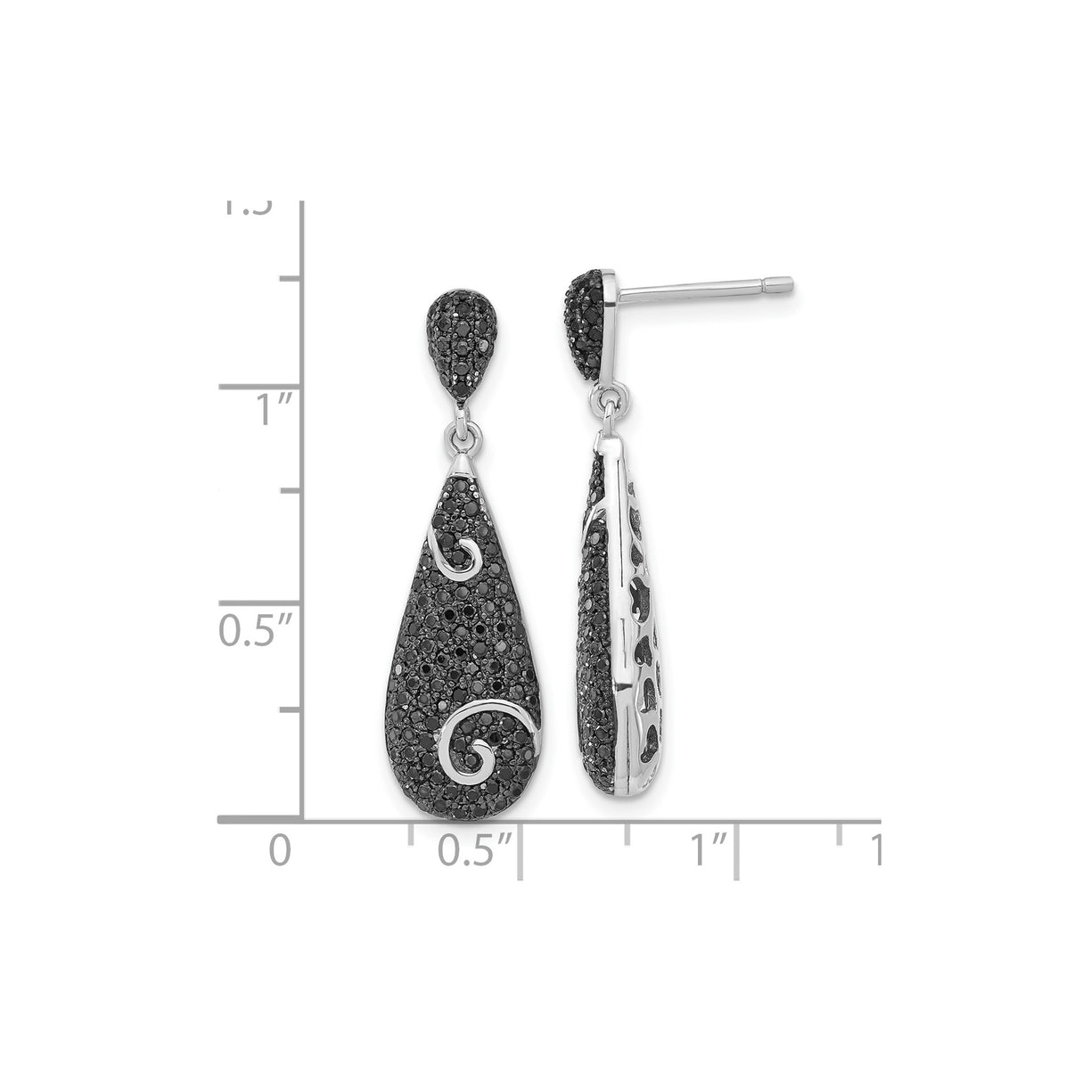 Sterling Silver Teardrop Dangle Earrings with Black Cubic Zirconia and Swirl Detail