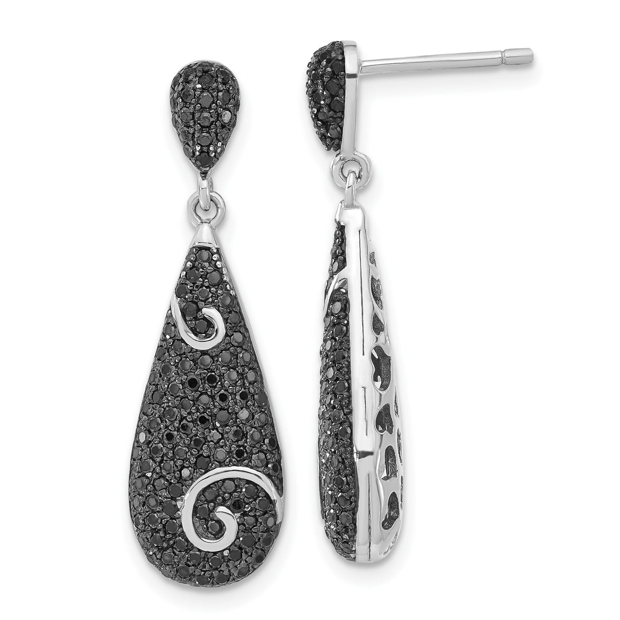 Sterling Silver Teardrop Dangle Earrings with Black Cubic Zirconia and Swirl Detail