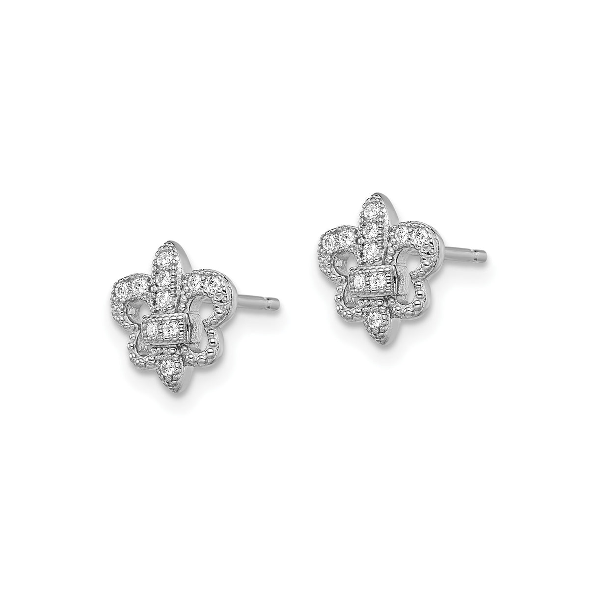 Sterling Silver Stud Earrings with Cubic Zirconia, Fleur de Lis Vintage Style