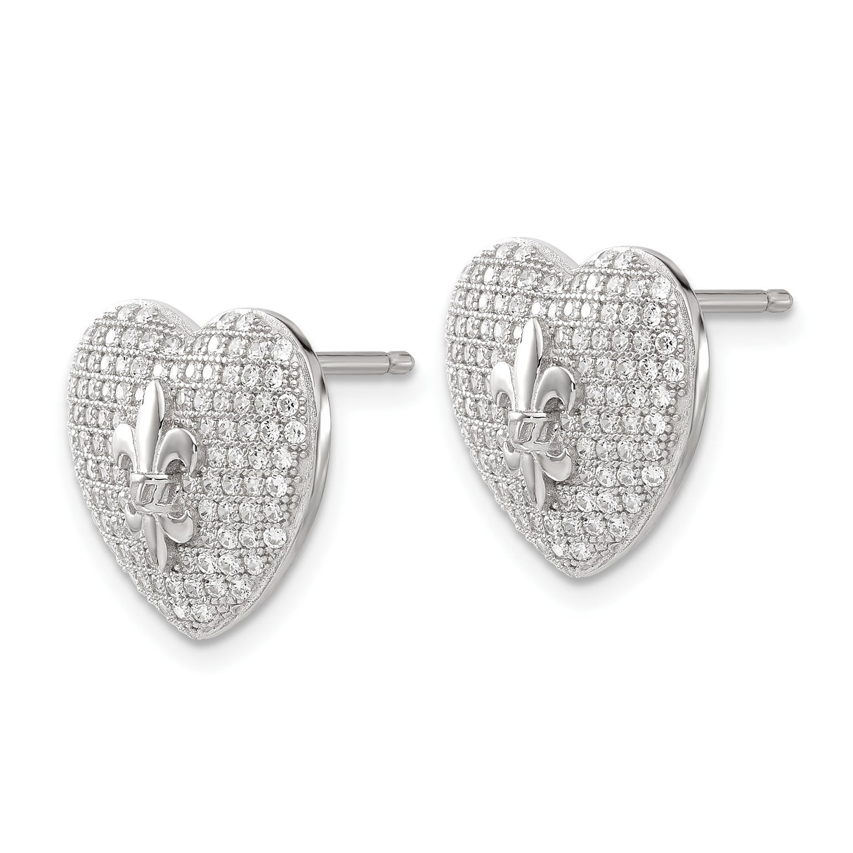 Sterling Silver Heart Shaped Stud Earrings with Cubic Zirconia and Fleur de Lis Design
