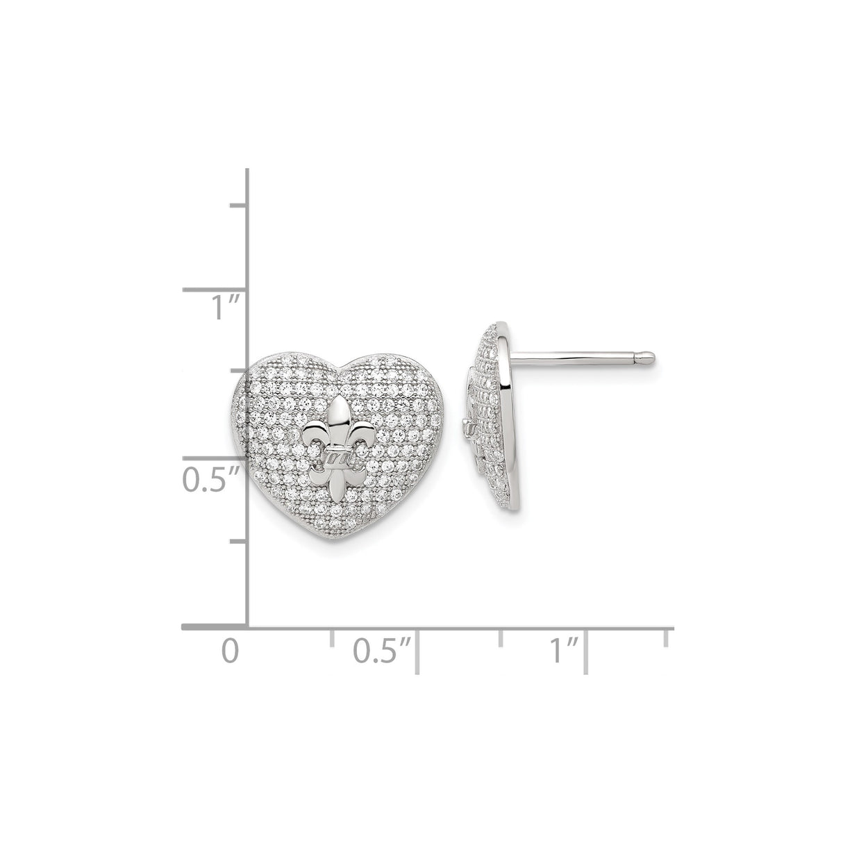 Sterling Silver Heart Shaped Stud Earrings with Cubic Zirconia and Fleur de Lis Design
