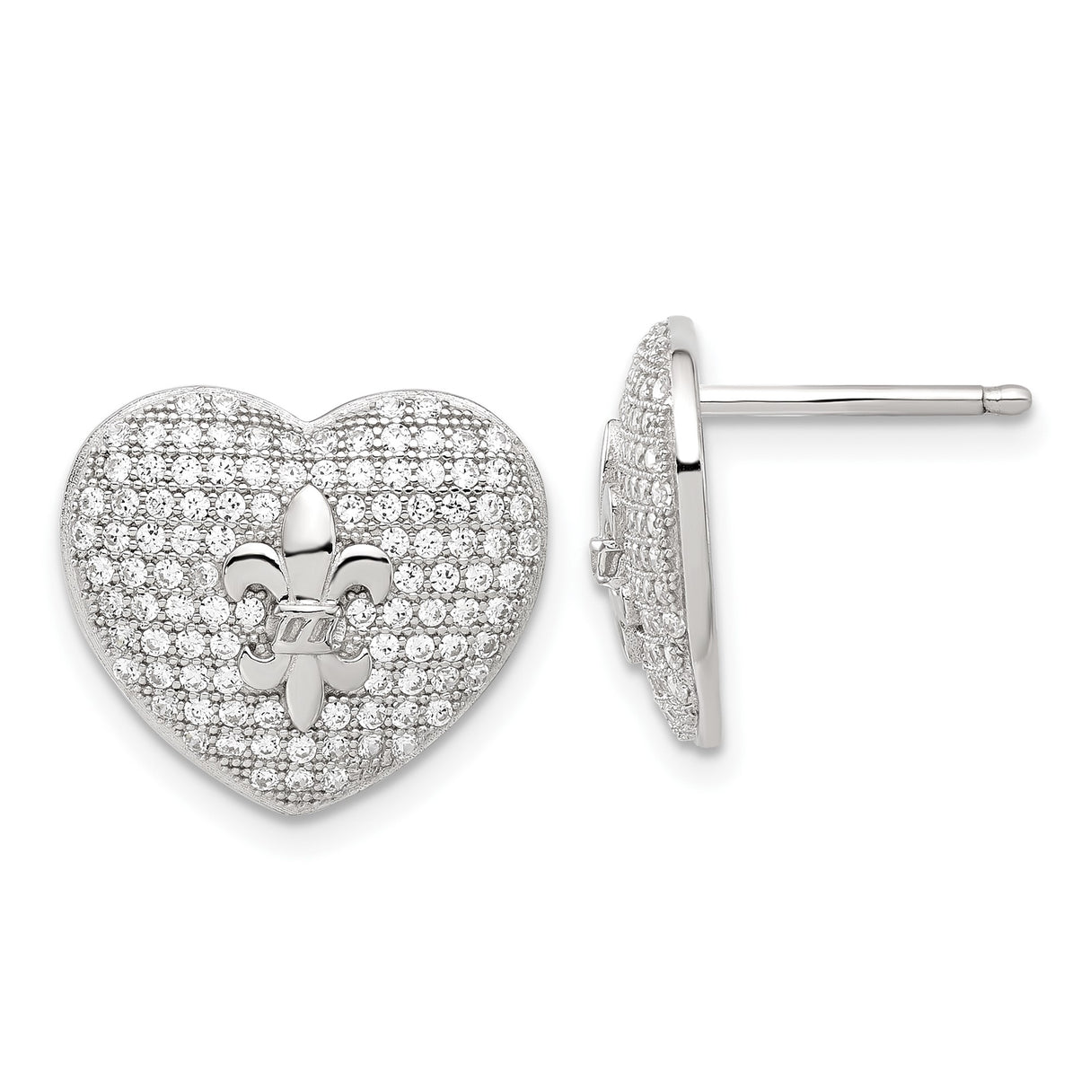 Sterling Silver Heart Shaped Stud Earrings with Cubic Zirconia and Fleur de Lis Design