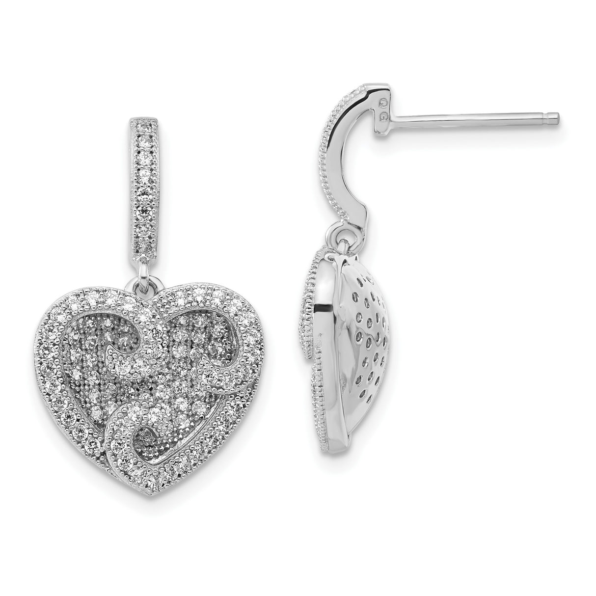 Sterling Silver Heart Dangle Earrings with Cubic Zirconia and Swirl Filigree Design