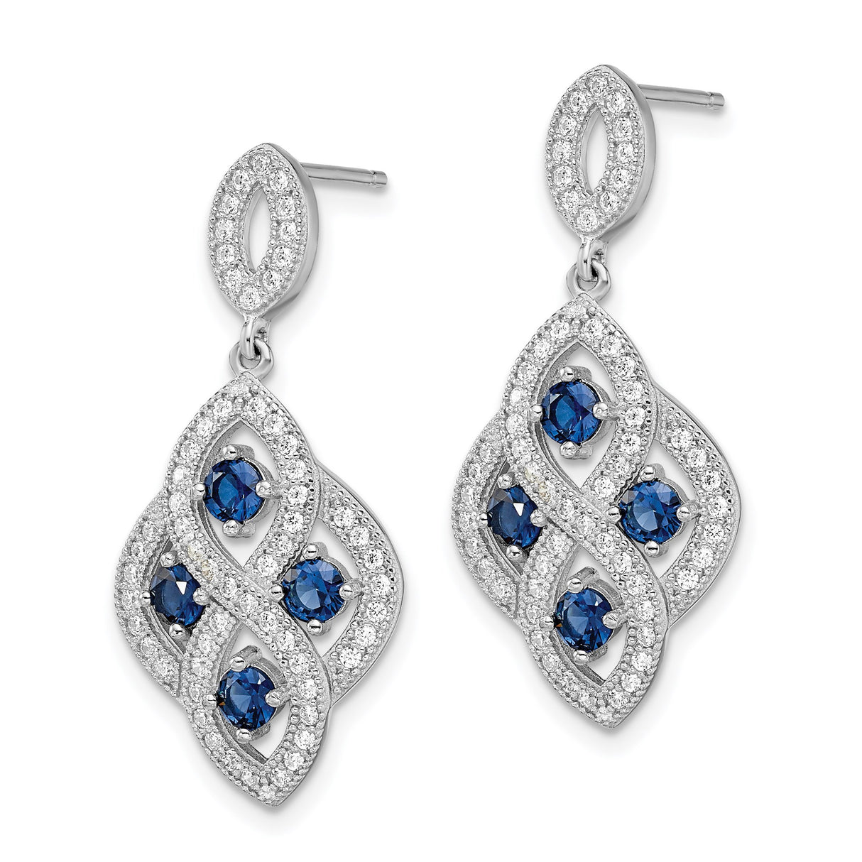 Sterling Silver Dangle Earrings with Blue Cubic Zirconia, Marquise Loops, Interwoven Design