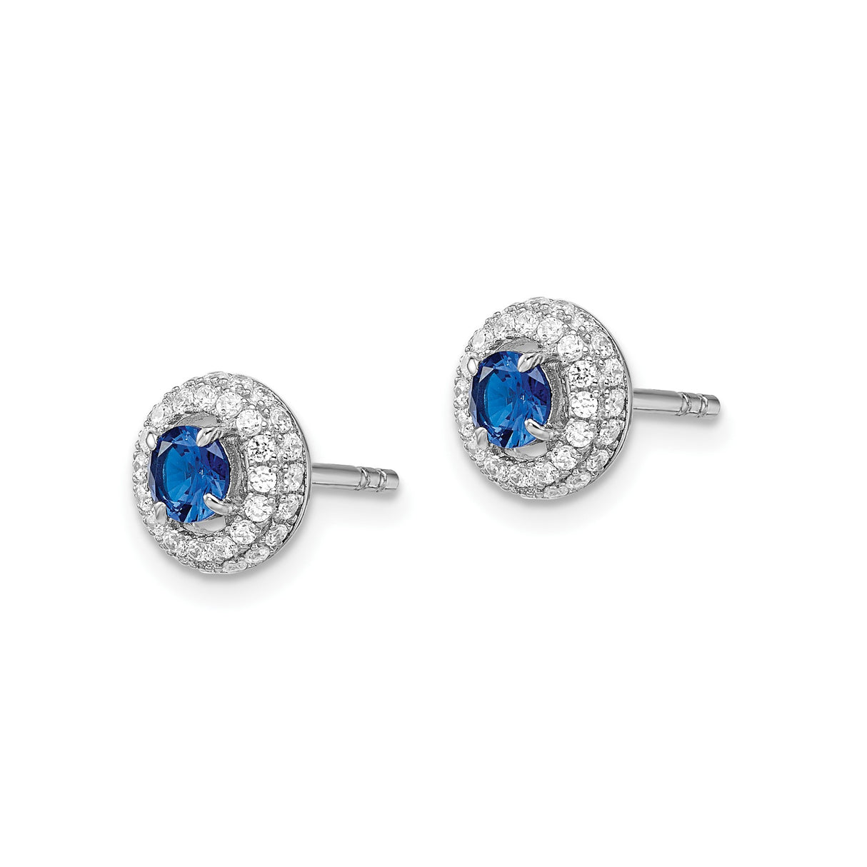Sterling Silver Stud Earrings with Round Blue Cubic Zirconia and Halo Accents