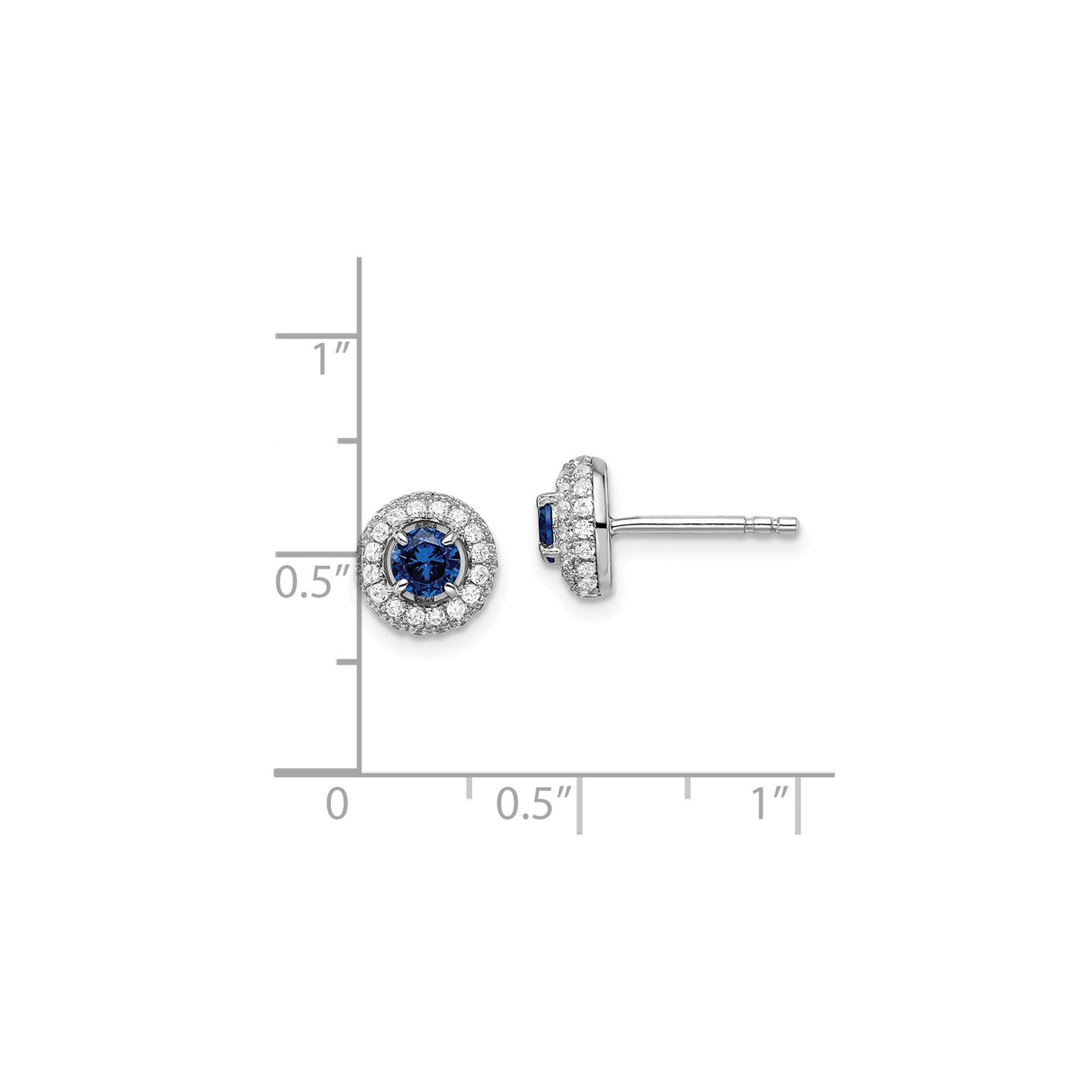 Sterling Silver Stud Earrings with Round Blue Cubic Zirconia and Halo Accents