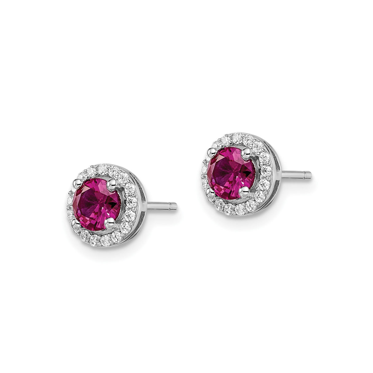 Sterling Silver Stud Earrings with Round Corundum and Cubic Zirconia Halo