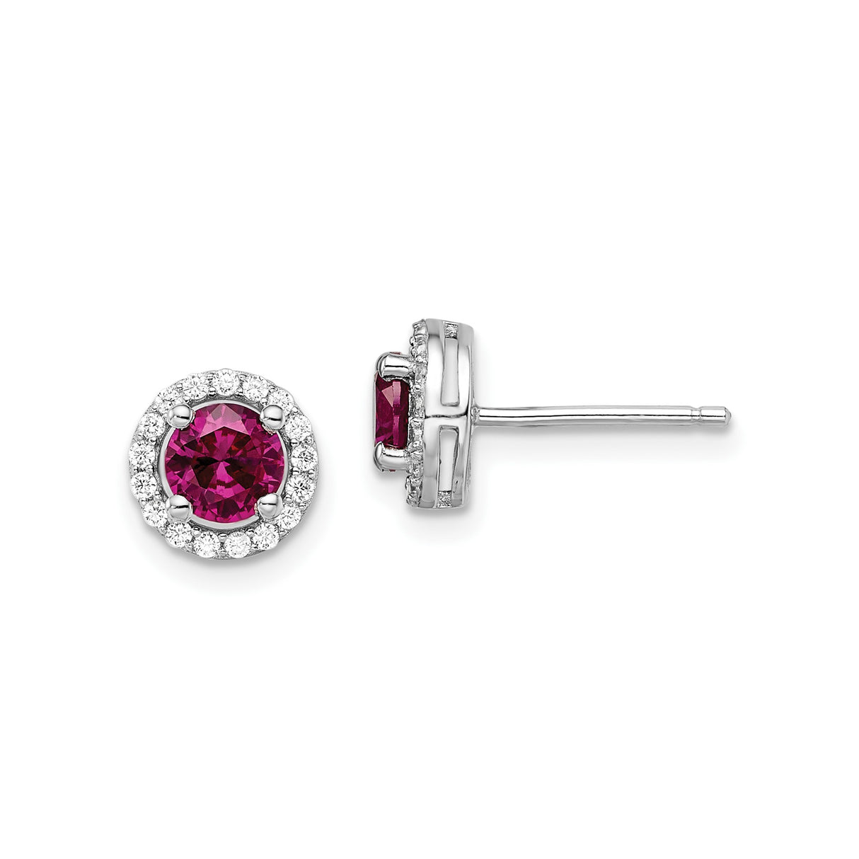 Sterling Silver Stud Earrings with Round Corundum and Cubic Zirconia Halo