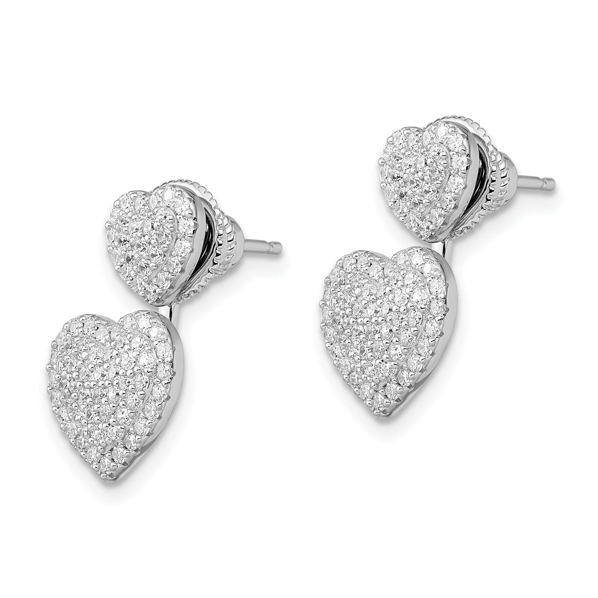 Sterling Silver Double Heart Stud Earrings with Cubic Zirconia Pavé Design for Women