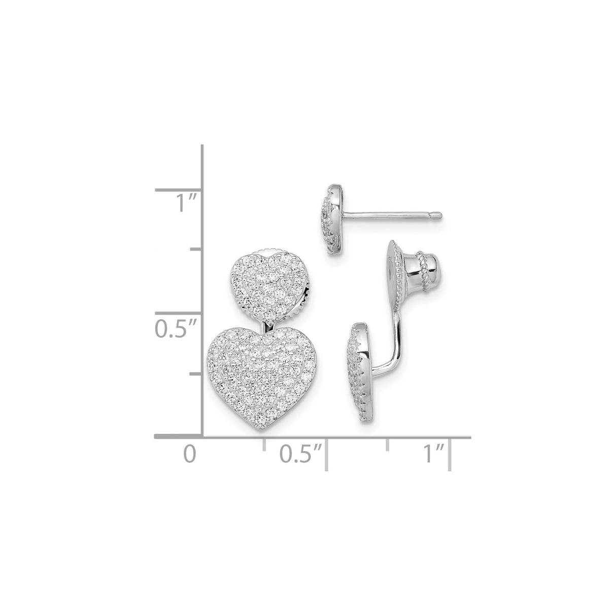 Sterling Silver Double Heart Stud Earrings with Cubic Zirconia Pavé Design for Women