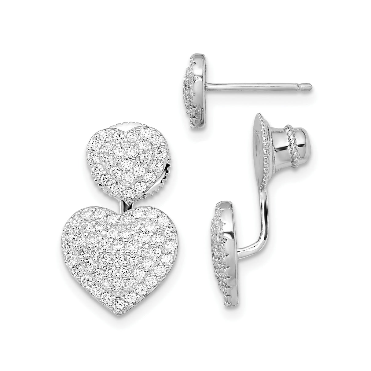 Sterling Silver Double Heart Stud Earrings with Cubic Zirconia Pavé Design for Women