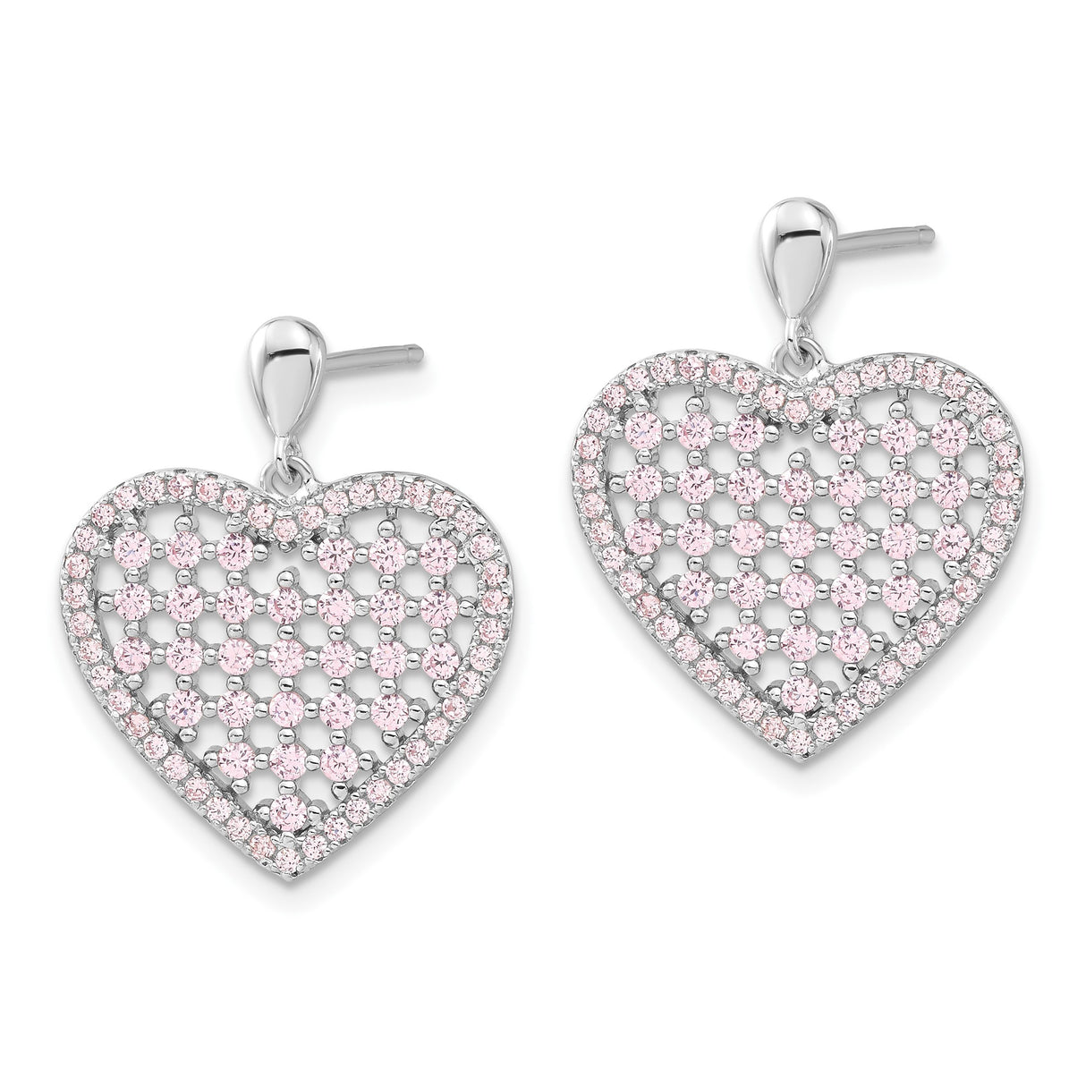 Sterling Silver Heart Dangle Earrings with Pink Cubic Zirconia and Open Lattice Design