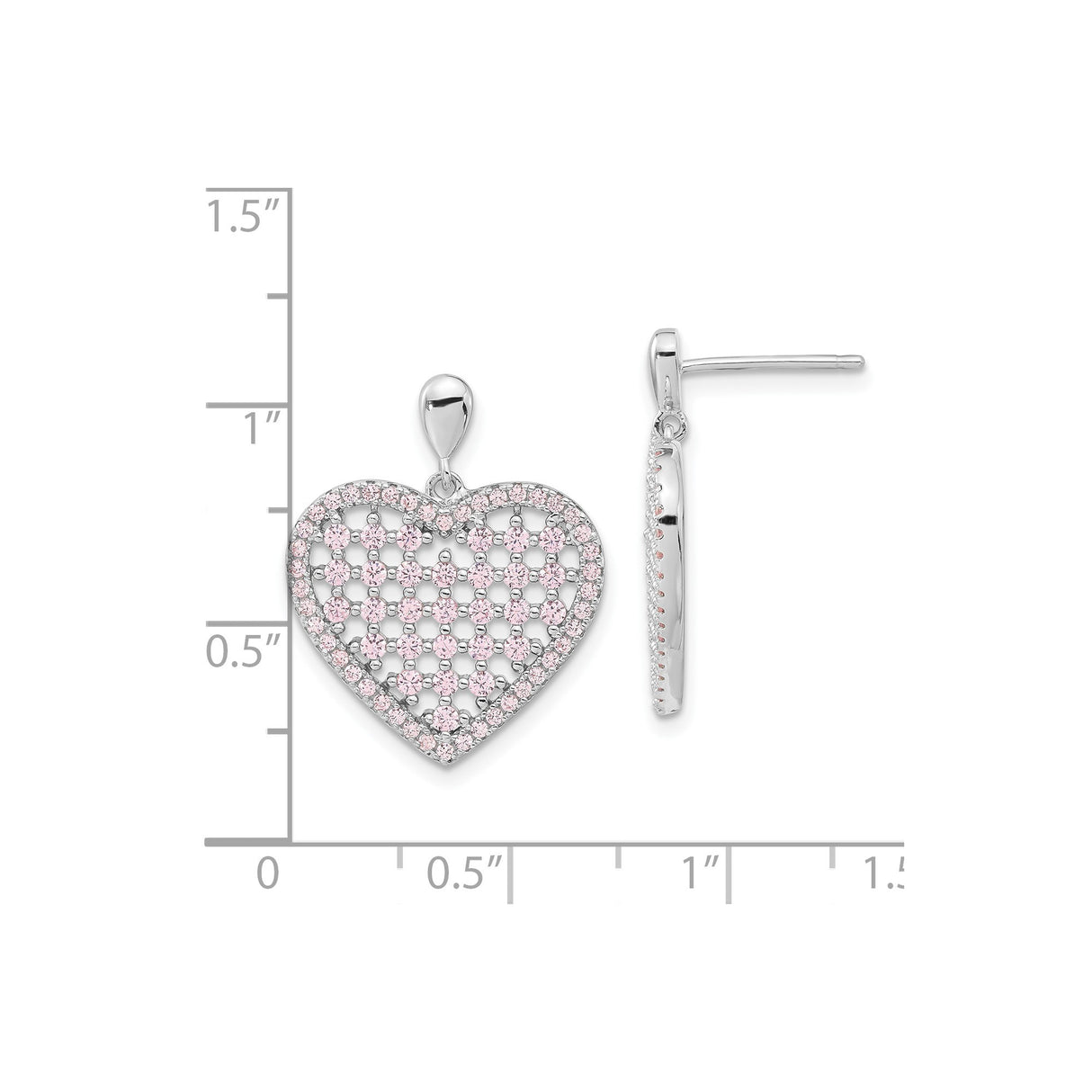 Sterling Silver Heart Dangle Earrings with Pink Cubic Zirconia and Open Lattice Design