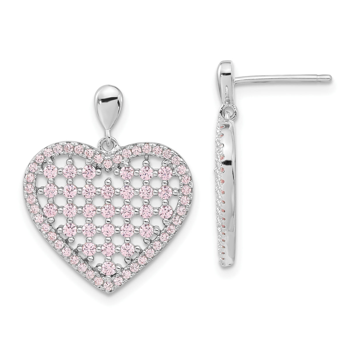 Sterling Silver Heart Dangle Earrings with Pink Cubic Zirconia and Open Lattice Design
