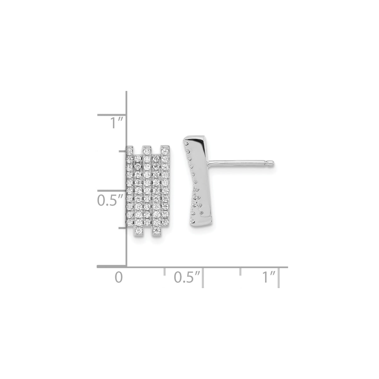 Sterling Silver Stud Earrings with Vertical Rectangle Design and Cubic Zirconia Rows